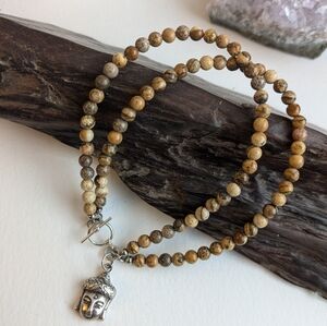 Natural Jasper Stone Beaded Bracelet with Sterling Silver Buddha Charm
